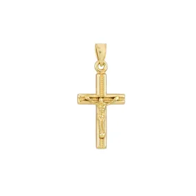 14K Yellow Gold 3D Concave Textured Crucifix Pendant