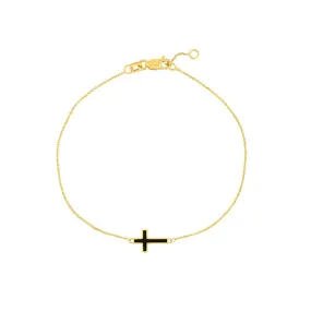 14K Yellow Gold Black Enamel Sideways Cross Bracelet