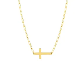 14K Yellow Gold E2W Cross Paper Clip Necklace