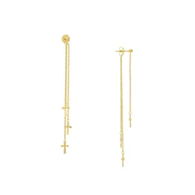 14K Yellow Gold Front and Back Fluted Cross Earrings