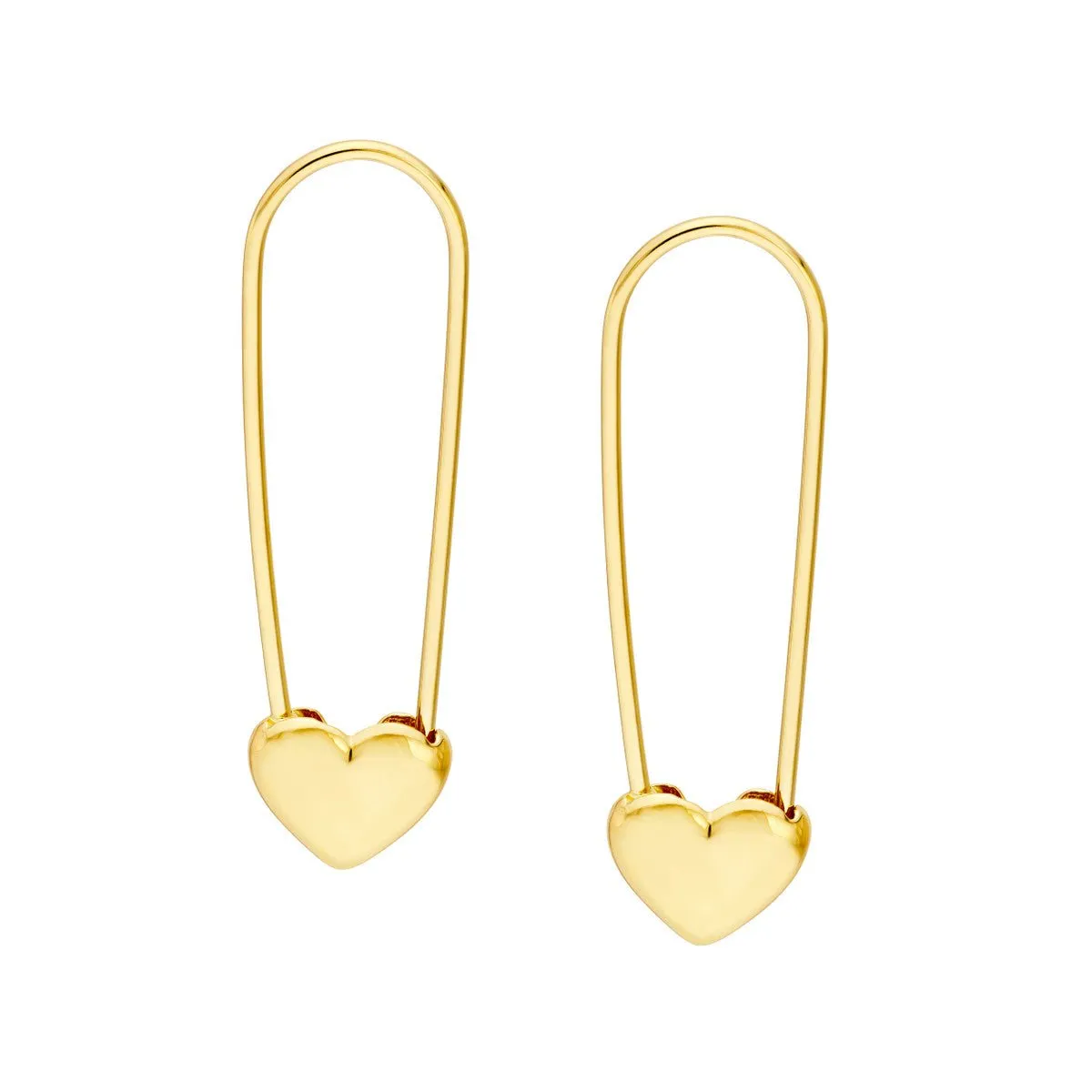 14K Yellow Gold Heart Safety Pin Hoop Earrings