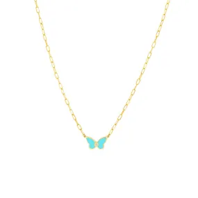 14K Yellow Gold Light Turquoise Butterfly Necklace with Diamond