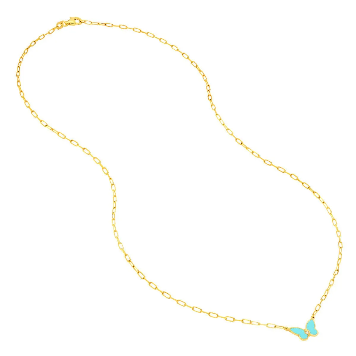 14K Yellow Gold Light Turquoise Butterfly Necklace with Diamond