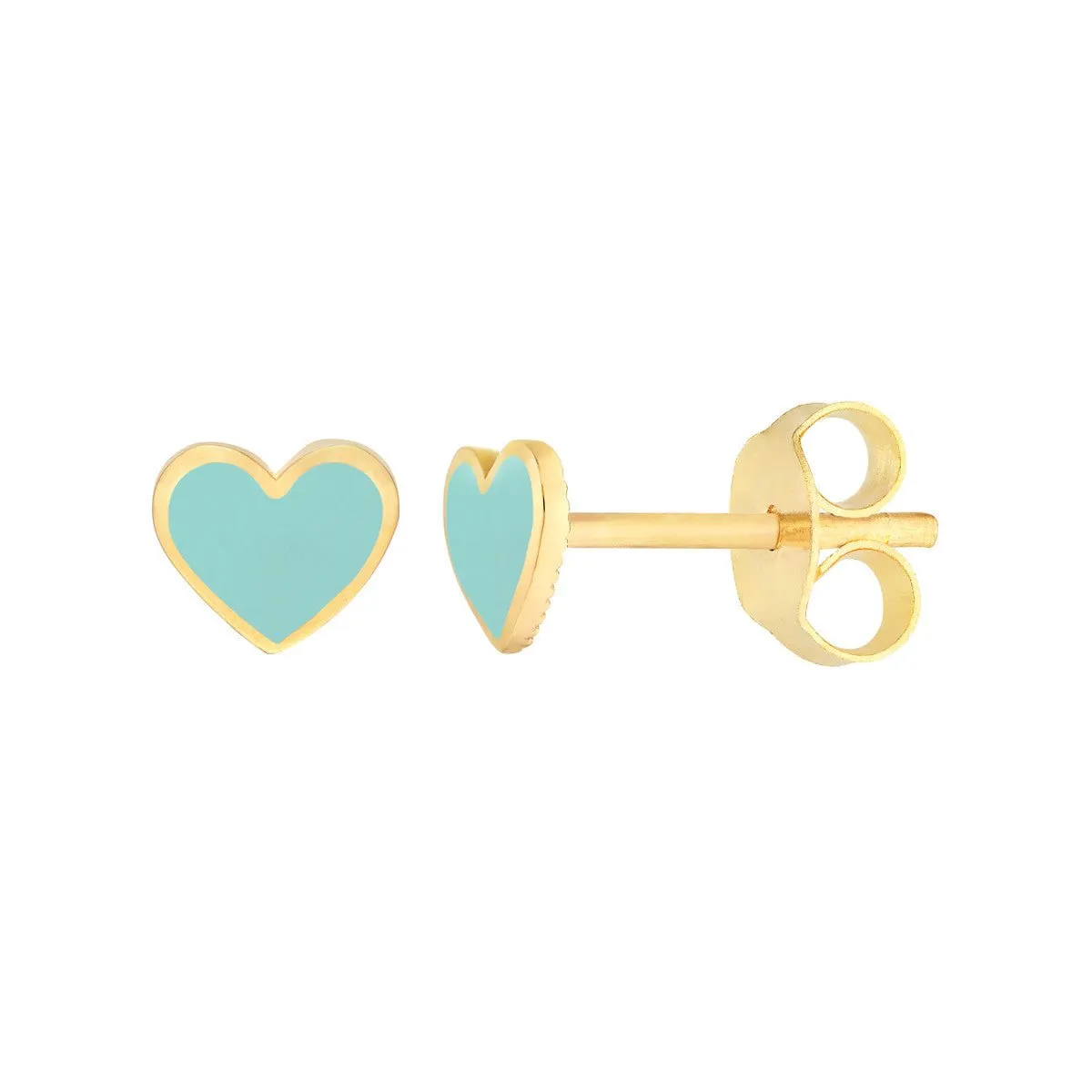 14K Yellow Gold Lt.Turquoise Enamel Heart Stud Earrings