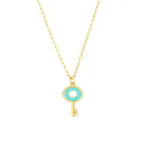 14K Yellow Gold Lt.Turquoise Enamel Key Necklace with Diamonds