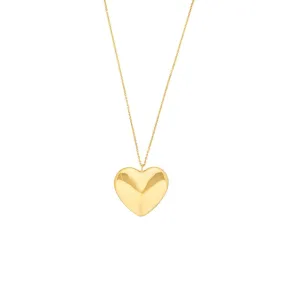 14K Yellow Gold Puff Art Large Heart Pendant Necklace