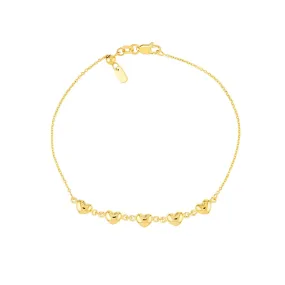 14K Yellow Gold Puffed Heart Station Adjustable Bracelet