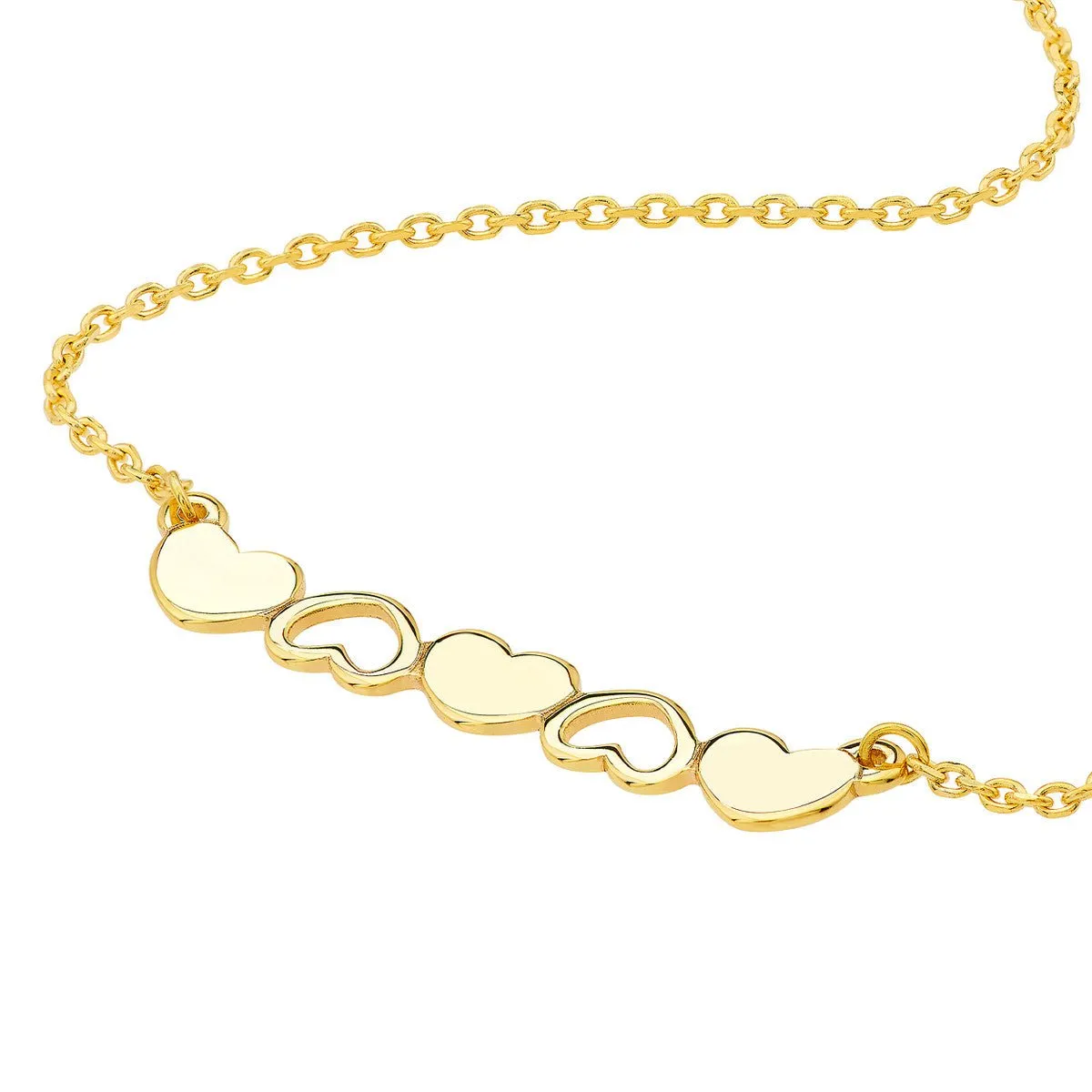 14K Yellow Gold Solid and Open Hearts Bar Necklace