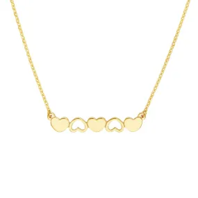 14K Yellow Gold Solid and Open Hearts Bar Necklace