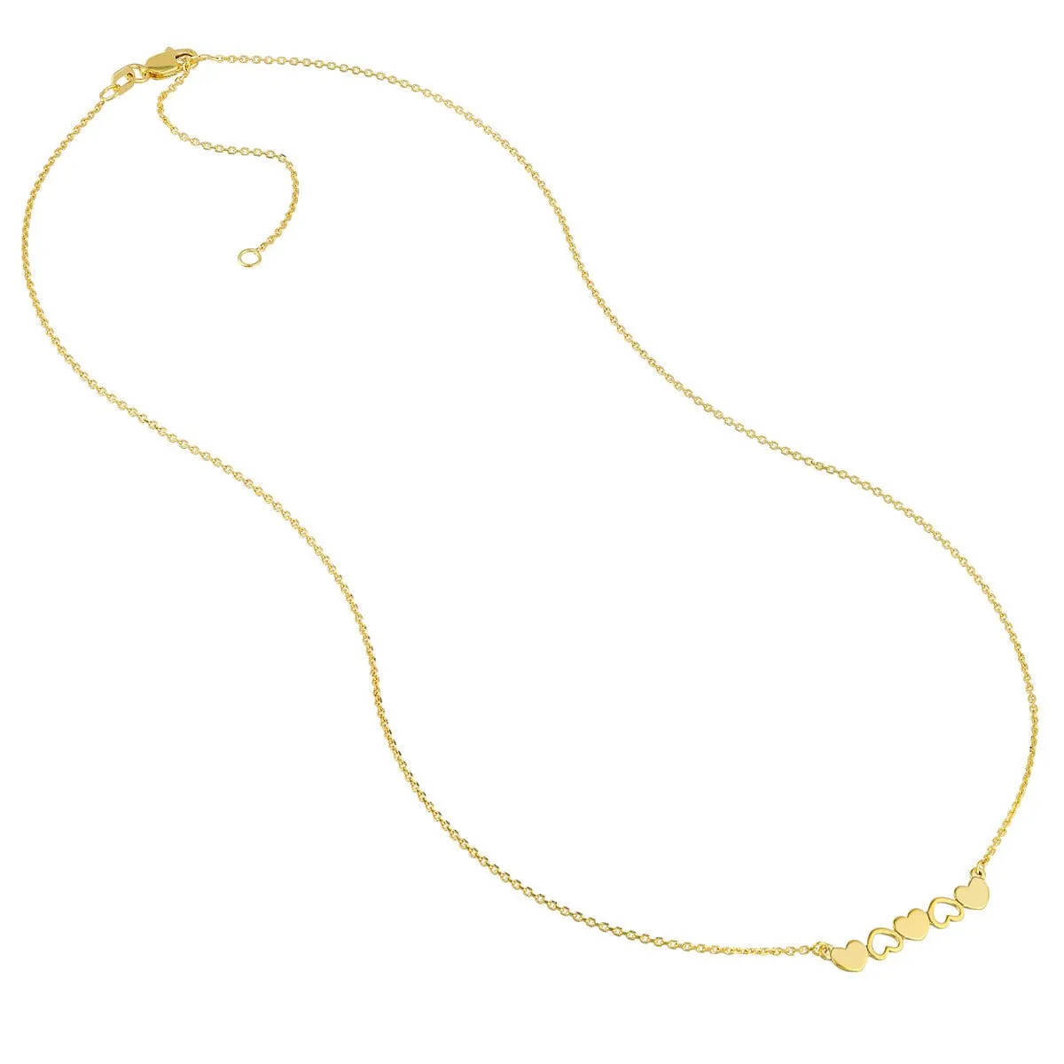 14K Yellow Gold Solid and Open Hearts Bar Necklace