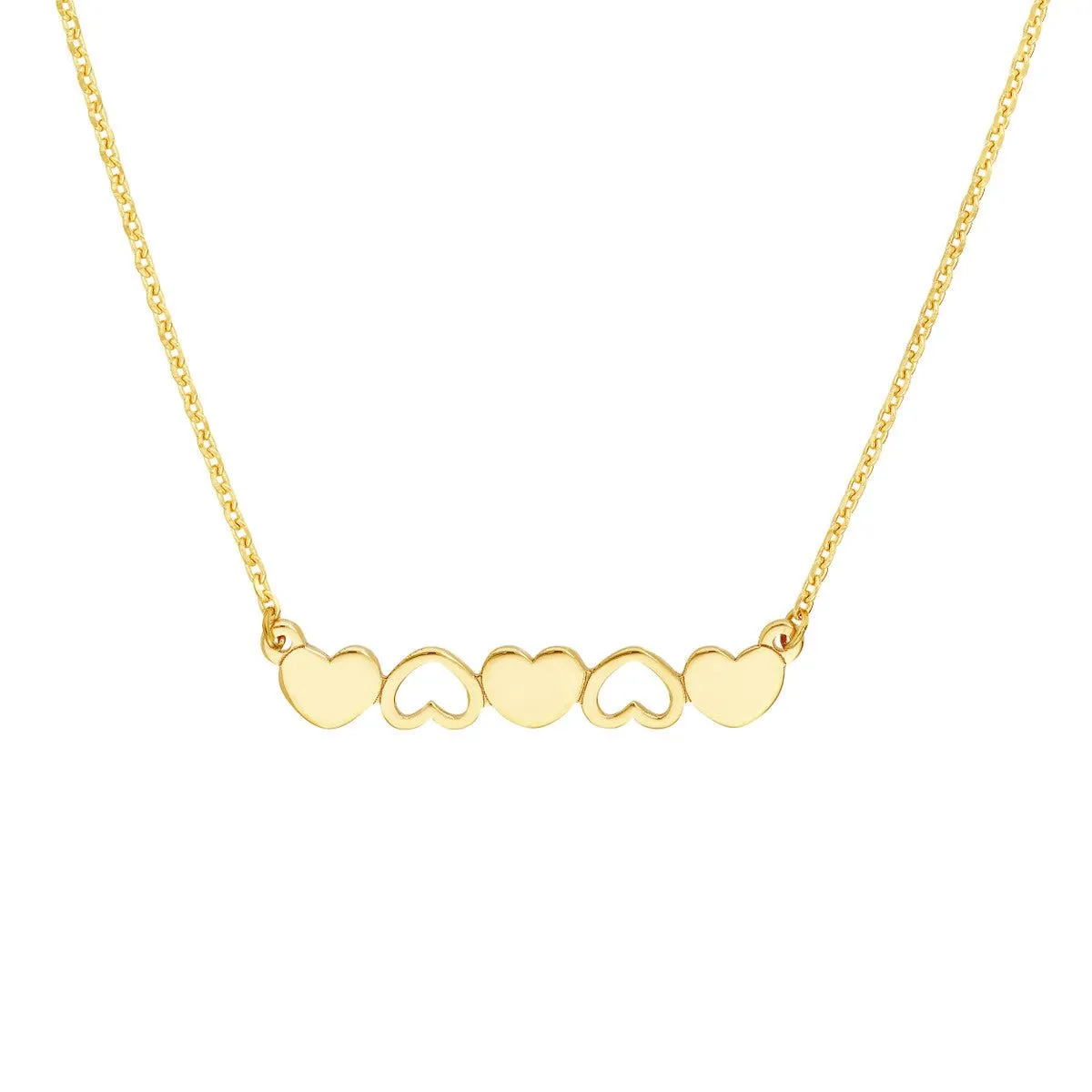 14K Yellow Gold Solid and Open Hearts Bar Necklace