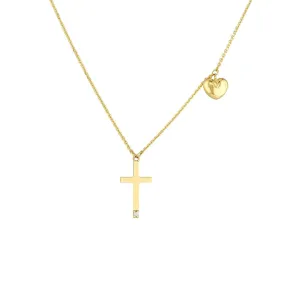 14K Yellow Gold Solitaire Diamond Cross Necklace with Puff Heart Charm