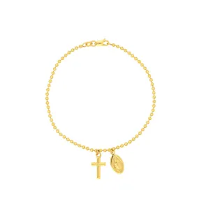 14K Yellow Gold Virgin Mary and Cross Bead Bracelet