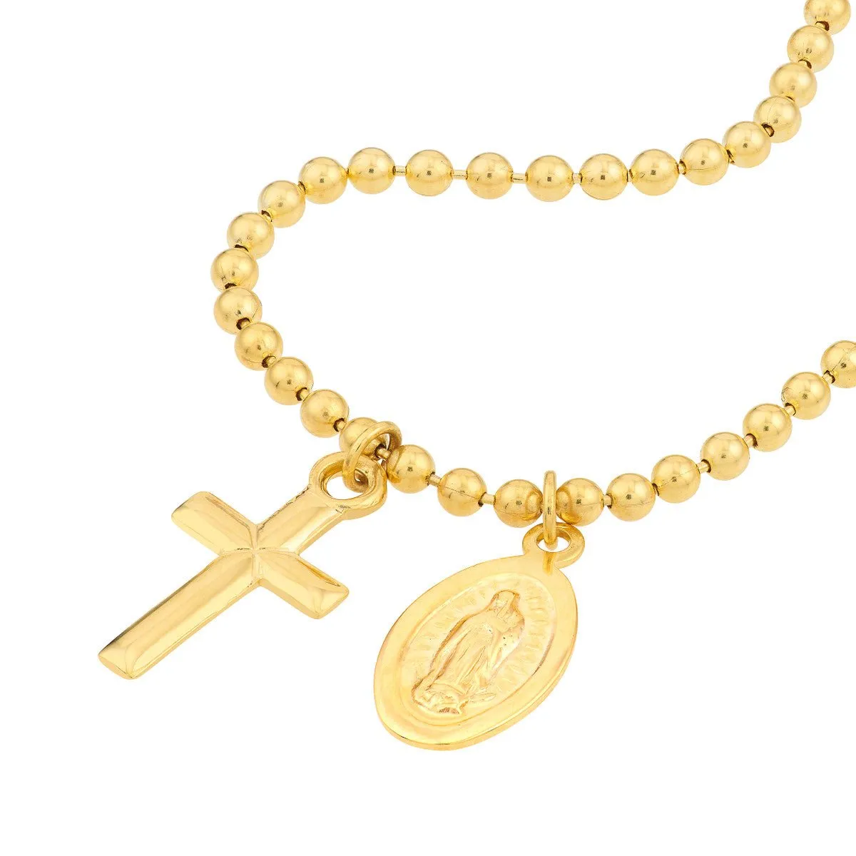 14K Yellow Gold Virgin Mary and Cross Bead Bracelet