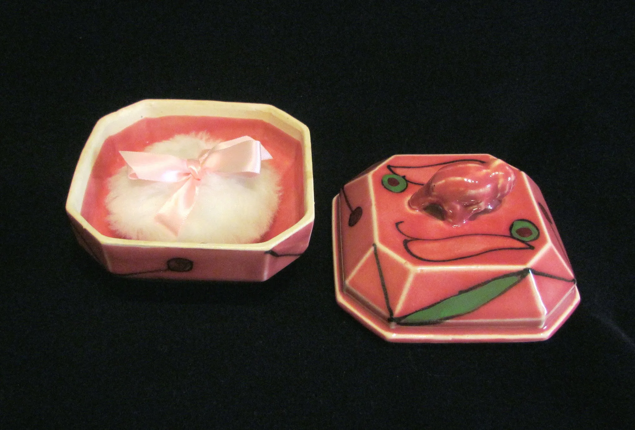 1930s Pink Elephant Powder Box Art Deco Ceramic Powder Jar Unused Powder Puff