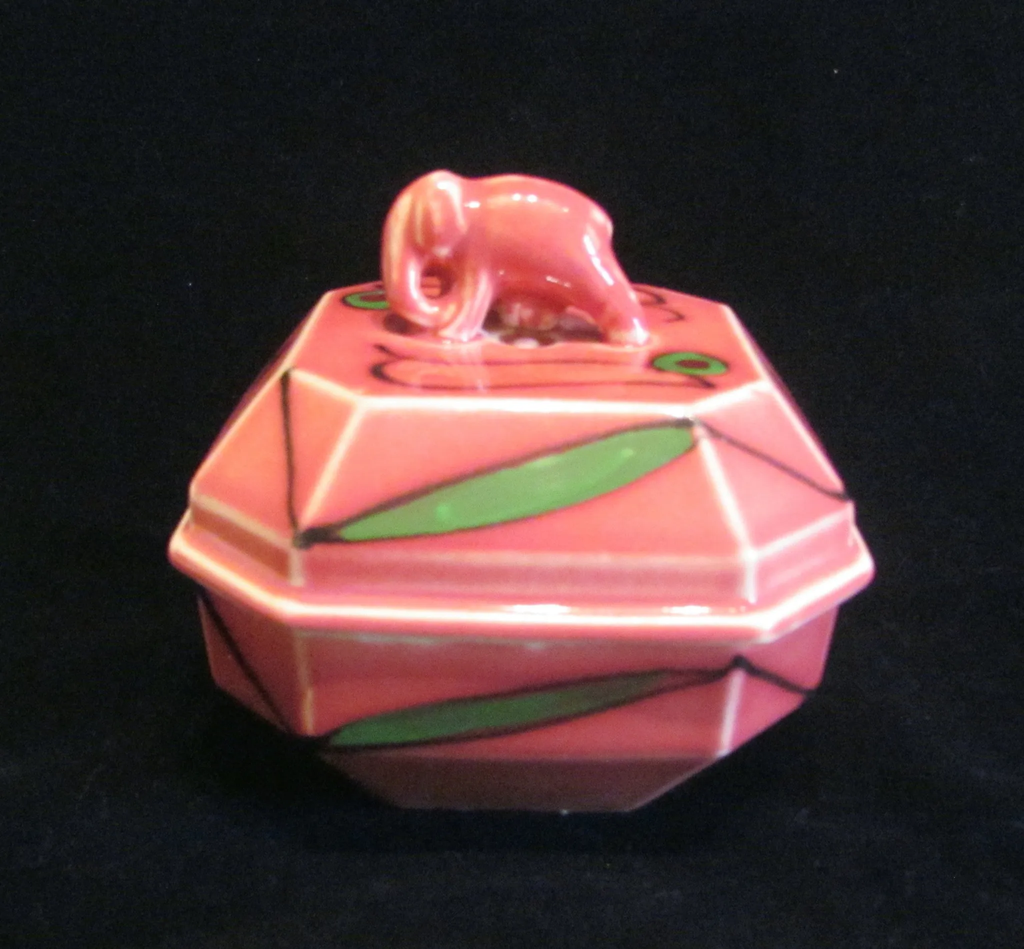 1930s Pink Elephant Powder Box Art Deco Ceramic Powder Jar Unused Powder Puff