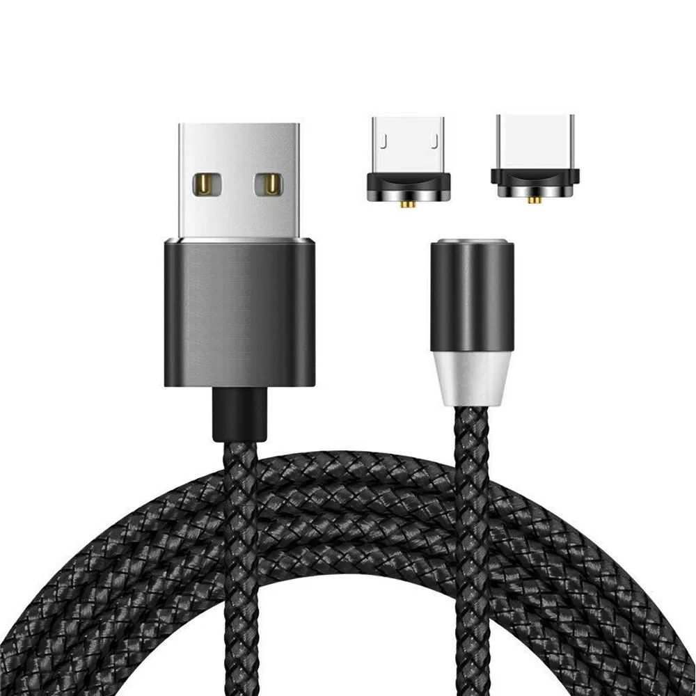 2 in 1 USB to Micro USB   Type-C / USB-C Magnetic Metal Joint Nylon Braided Charging Cable, Length - 1m - Black - pack of 4