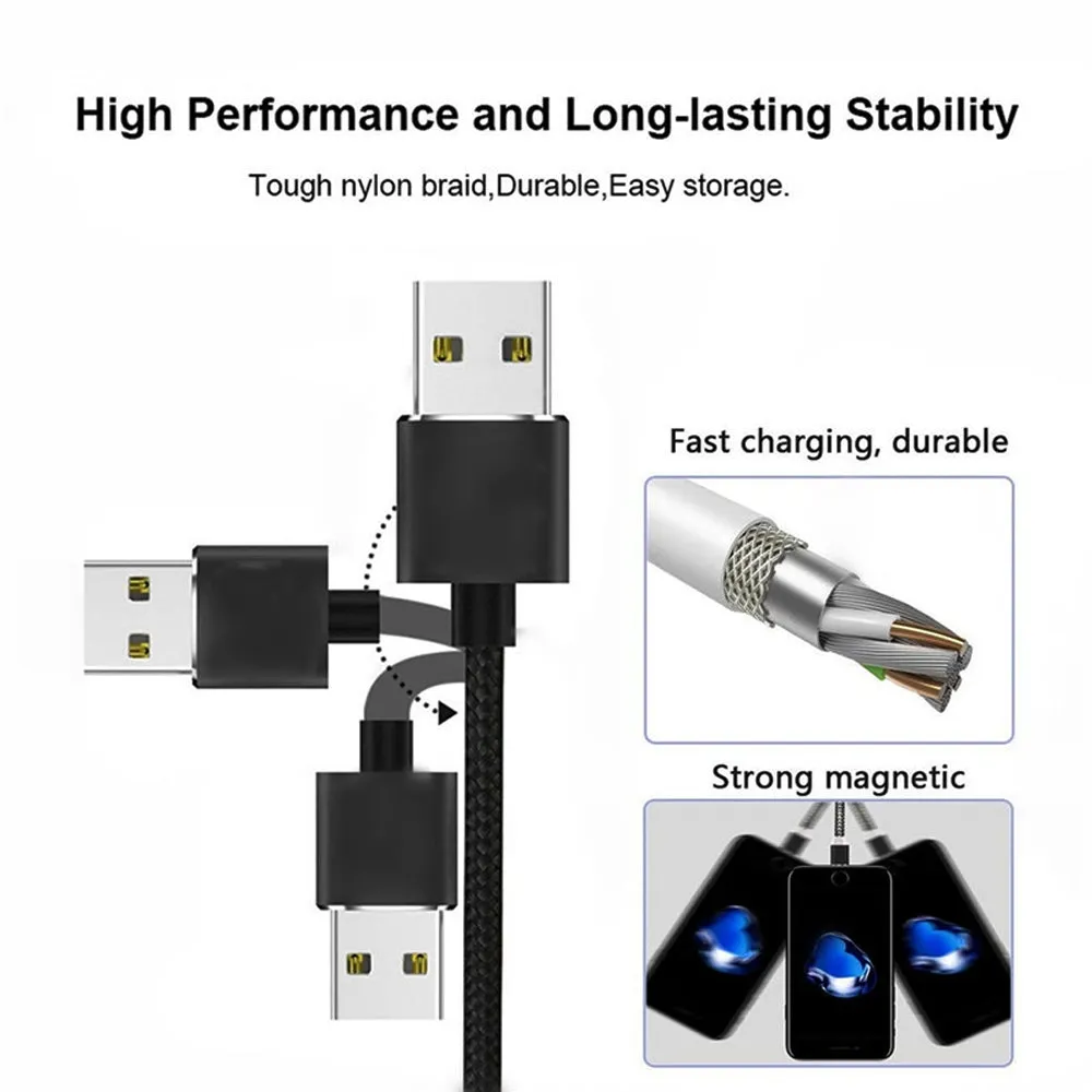 2 in 1 USB to Micro USB   Type-C / USB-C Magnetic Metal Joint Nylon Braided Charging Cable, Length - 1m - Black - pack of 4