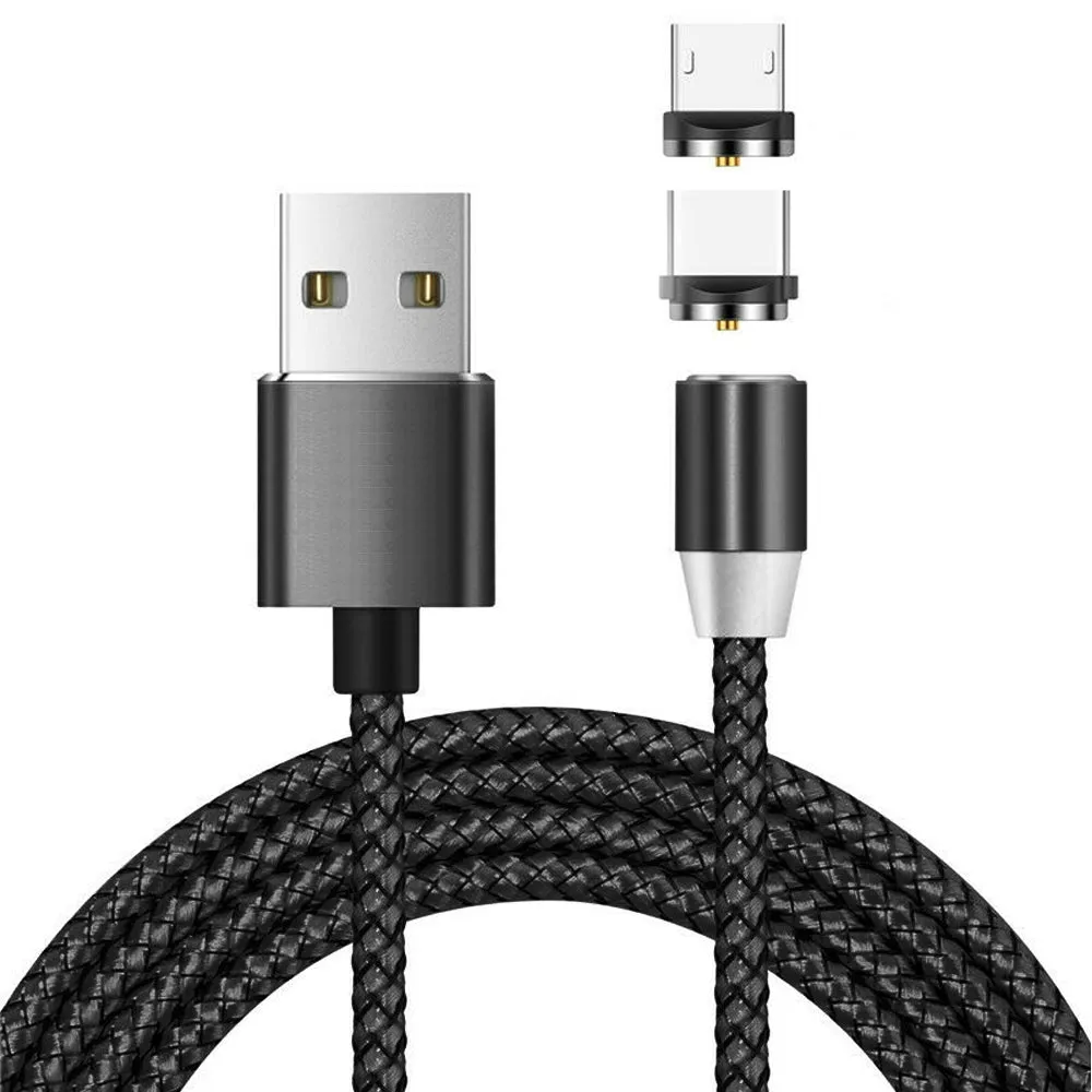 2 in 1 USB to Micro USB   Type-C / USB-C Magnetic Metal Joint Nylon Braided Charging Cable, Length - 1m - Black - pack of 4