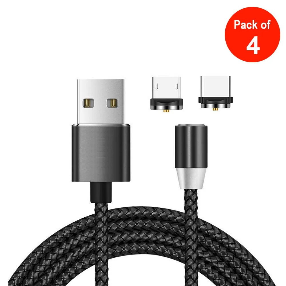 2 in 1 USB to Micro USB   Type-C / USB-C Magnetic Metal Joint Nylon Braided Charging Cable, Length - 1m - Black - pack of 4