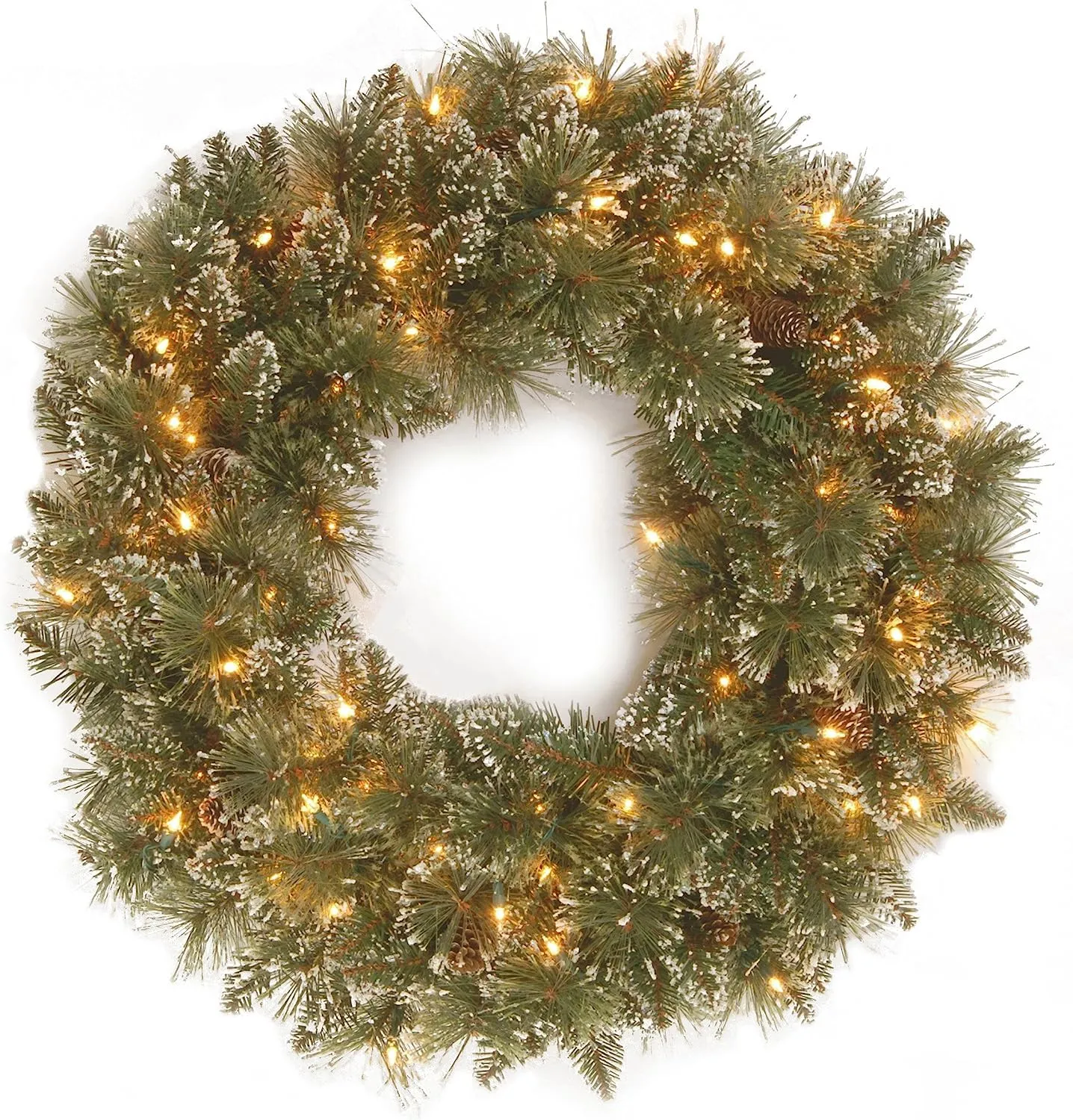 24 Inch Pre Lit Artificial Glittery Pine Christmas Wreath With Frosted Branches