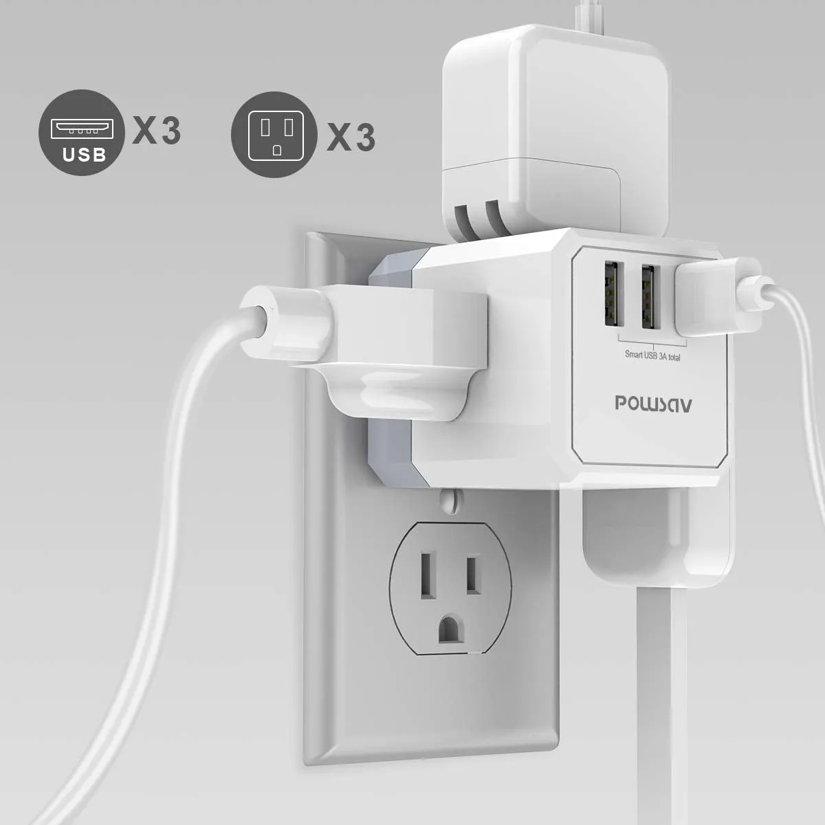 3-Outlet USB Wall Charger and Extender with 3-Way Splitter, ETL Listed - For Home, Office, Cruise Ship