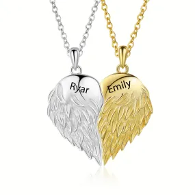 4FunGift® Double Angel Wing Necklace Matching Set Couples Necklace Engraved Heart