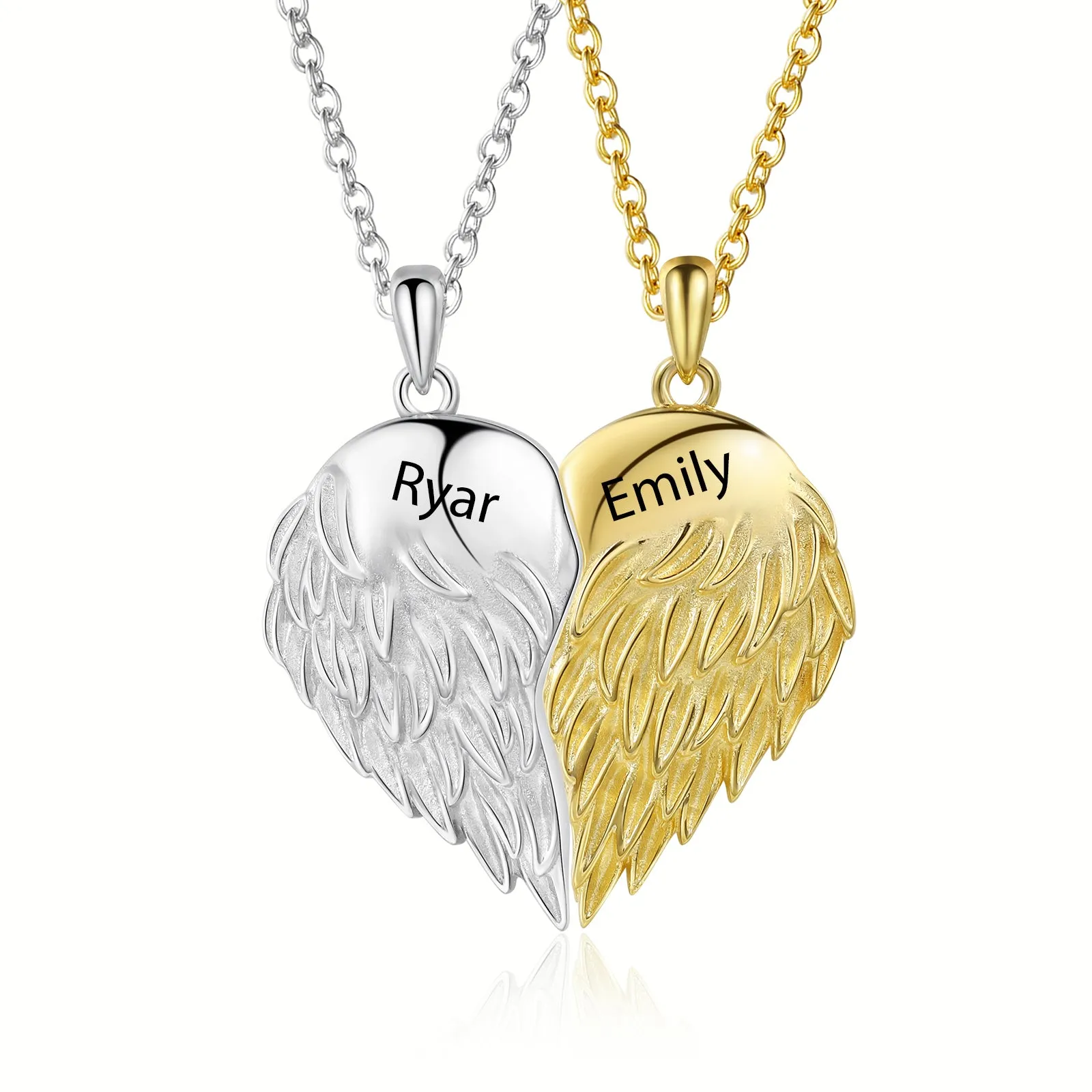 4FunGift® Double Angel Wing Necklace Matching Set Couples Necklace Engraved Heart