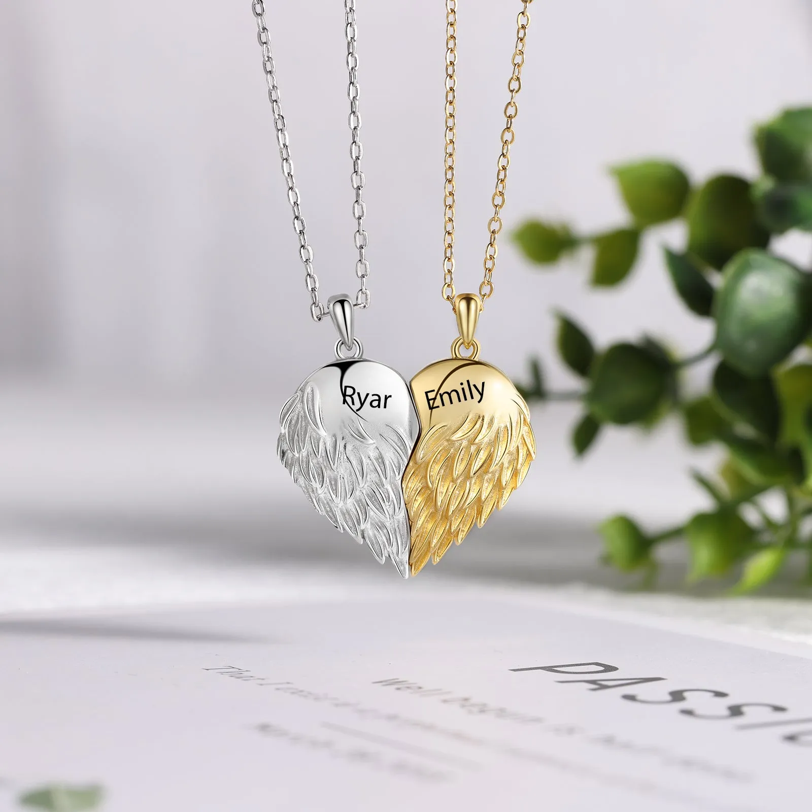 4FunGift® Double Angel Wing Necklace Matching Set Couples Necklace Engraved Heart