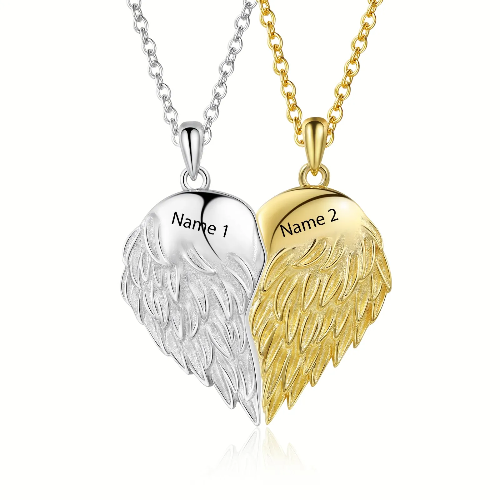 4FunGift® Double Angel Wing Necklace Matching Set Couples Necklace Engraved Heart