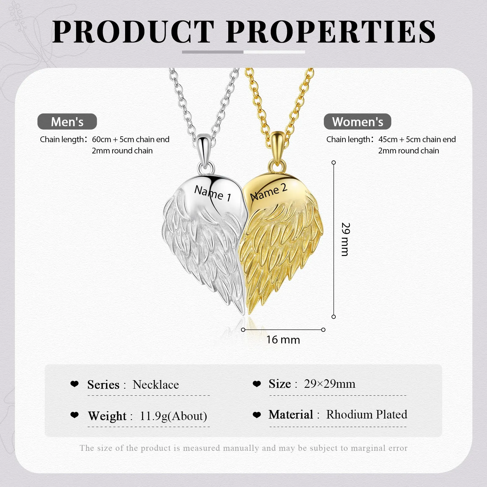 4FunGift® Double Angel Wing Necklace Matching Set Couples Necklace Engraved Heart