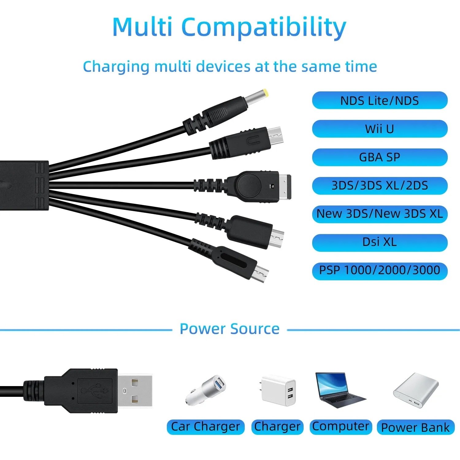 5 In 1 Data Transfer & Charging Cable for Nintendo DS Lite/NDS/New 3DS XL/New 3DS/3DS XL/3DS/2DS/DSi XL/Wii U/GBA SP/PSP 1000/2000/3000