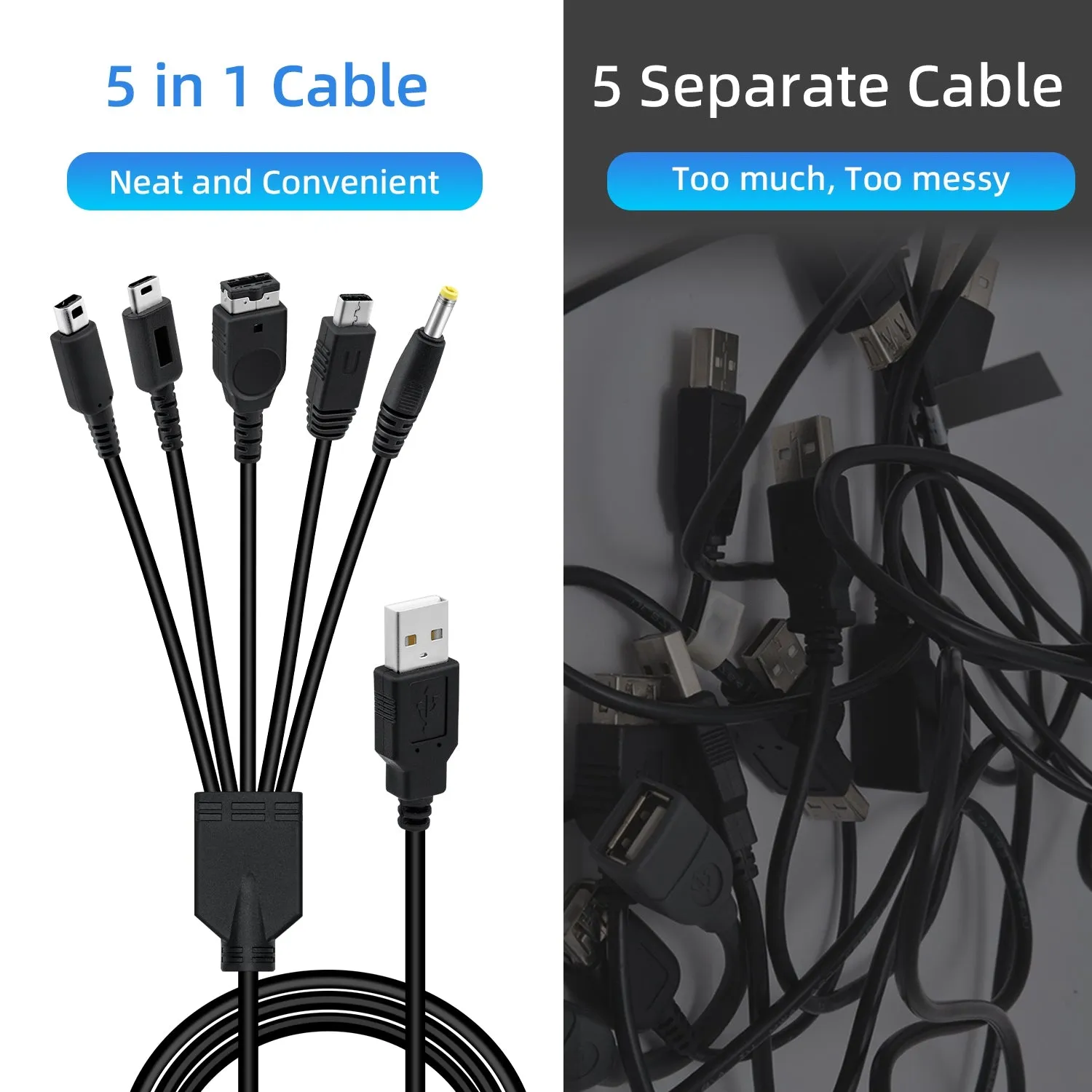 5 In 1 Data Transfer & Charging Cable for Nintendo DS Lite/NDS/New 3DS XL/New 3DS/3DS XL/3DS/2DS/DSi XL/Wii U/GBA SP/PSP 1000/2000/3000