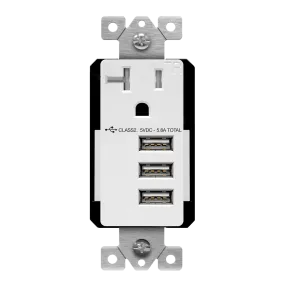 5.8A Three USB Type A Wall Outlet Charger  with Single 20A Tamper-Resistant  Receptacle