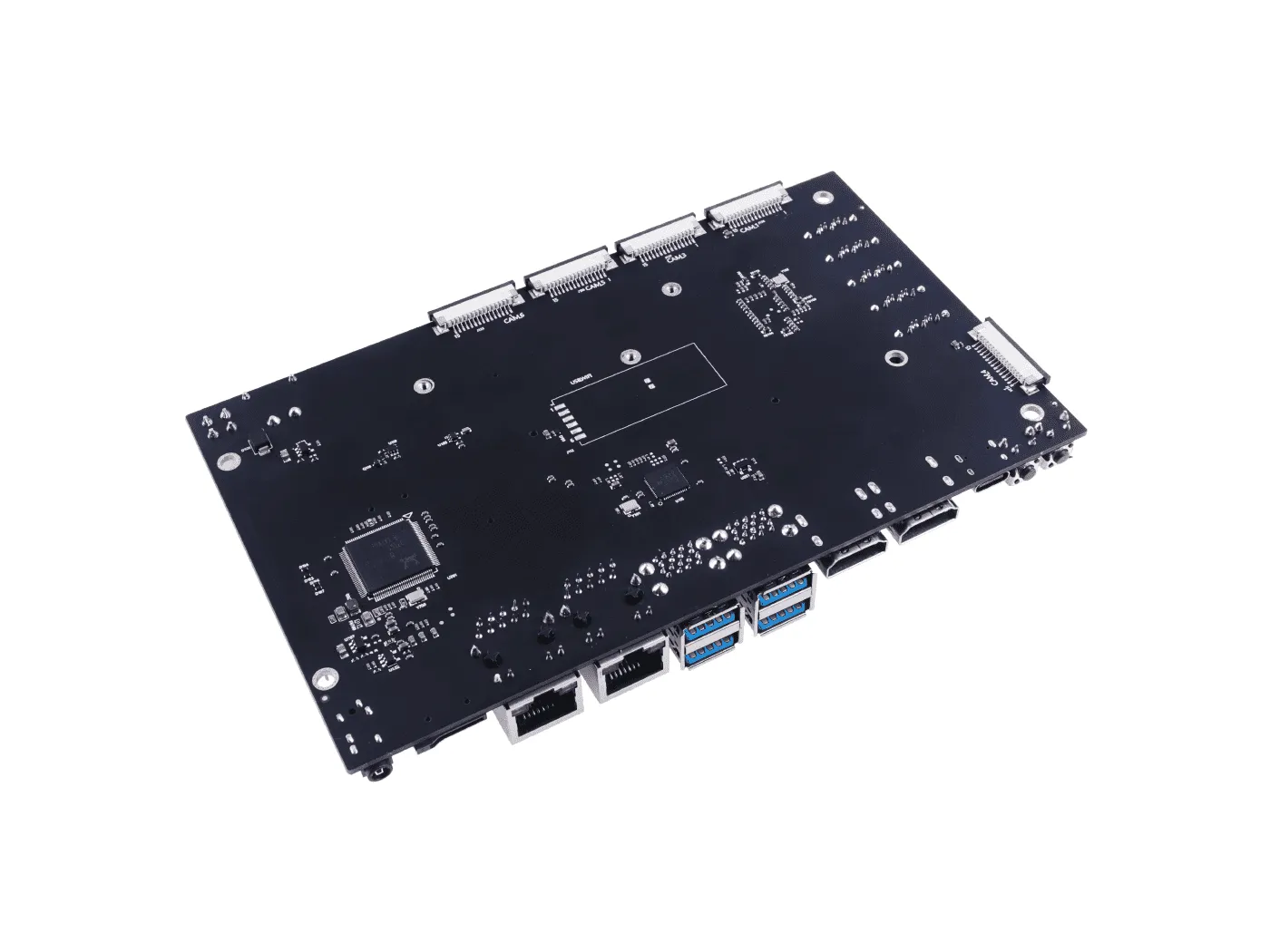 A205 Carrier Board for Jetson Nano/Xavier NX/TX2 NX with compact size and rich ports (6 CSI Camera, 2 HDMI, 5 SATA, M.2 key E supported etc.)