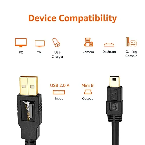 Amazon Basics USB-A to Mini USB 2.0 Fast Charging Cable, 480Mbps Transfer Speed with Gold-Plated Plugs, 3 Foot, Black