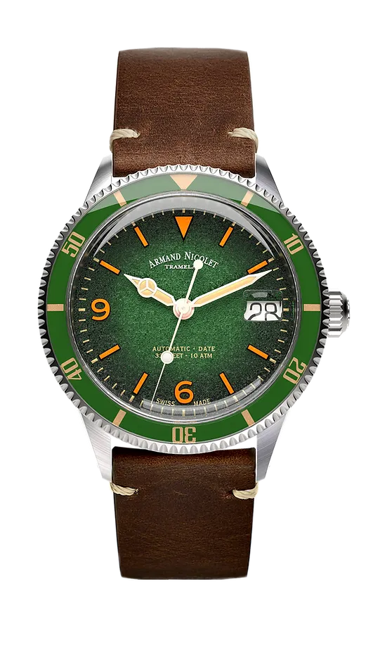 Armand Nicolet Men's Watch VS1 Date 38mm Green Brown A500AVAA-VS-BP19500MAC