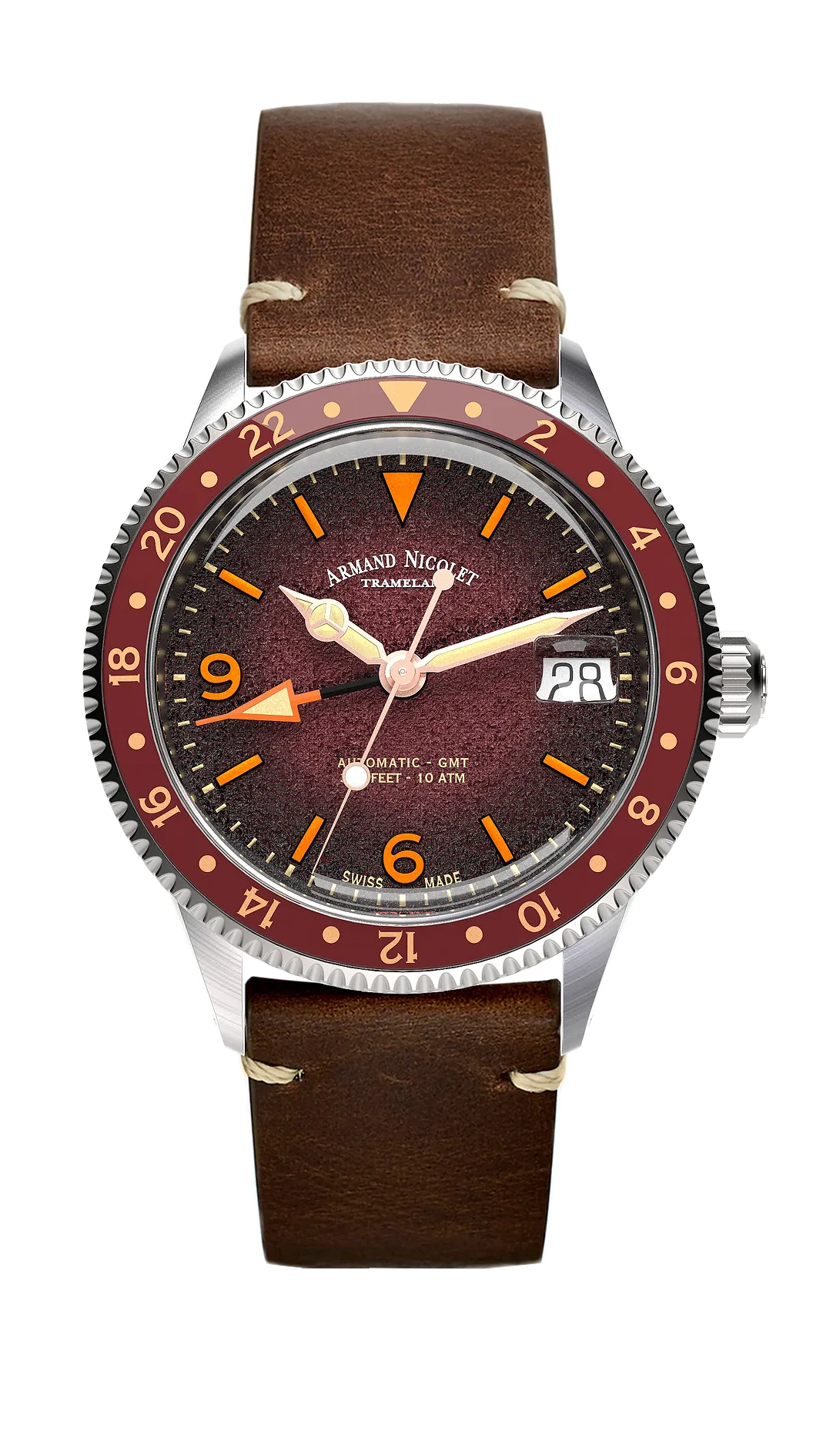 Armand Nicolet Men's Watch VS1 GMT 38mm Burgundy Brown A506AXAA-XS-BP19500MAC