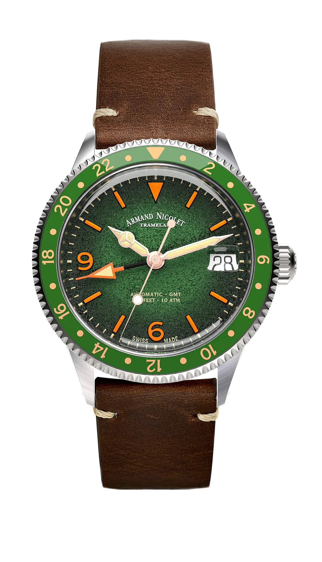 Armand Nicolet Men's Watch VS1 GMT 38mm Green Brown A506AVAA-VS-BP19500MAC