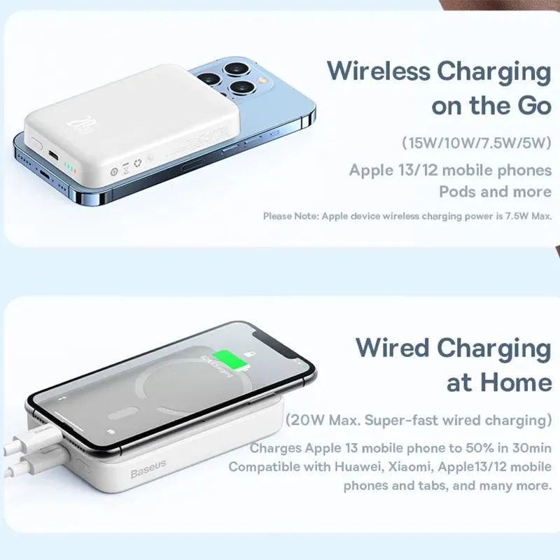 Baseus 10000mAh Mini Magnetic Wireless Fast Charger for iPhone 15, 14, 13 & Pro Max - Auto-Wake Power Bank