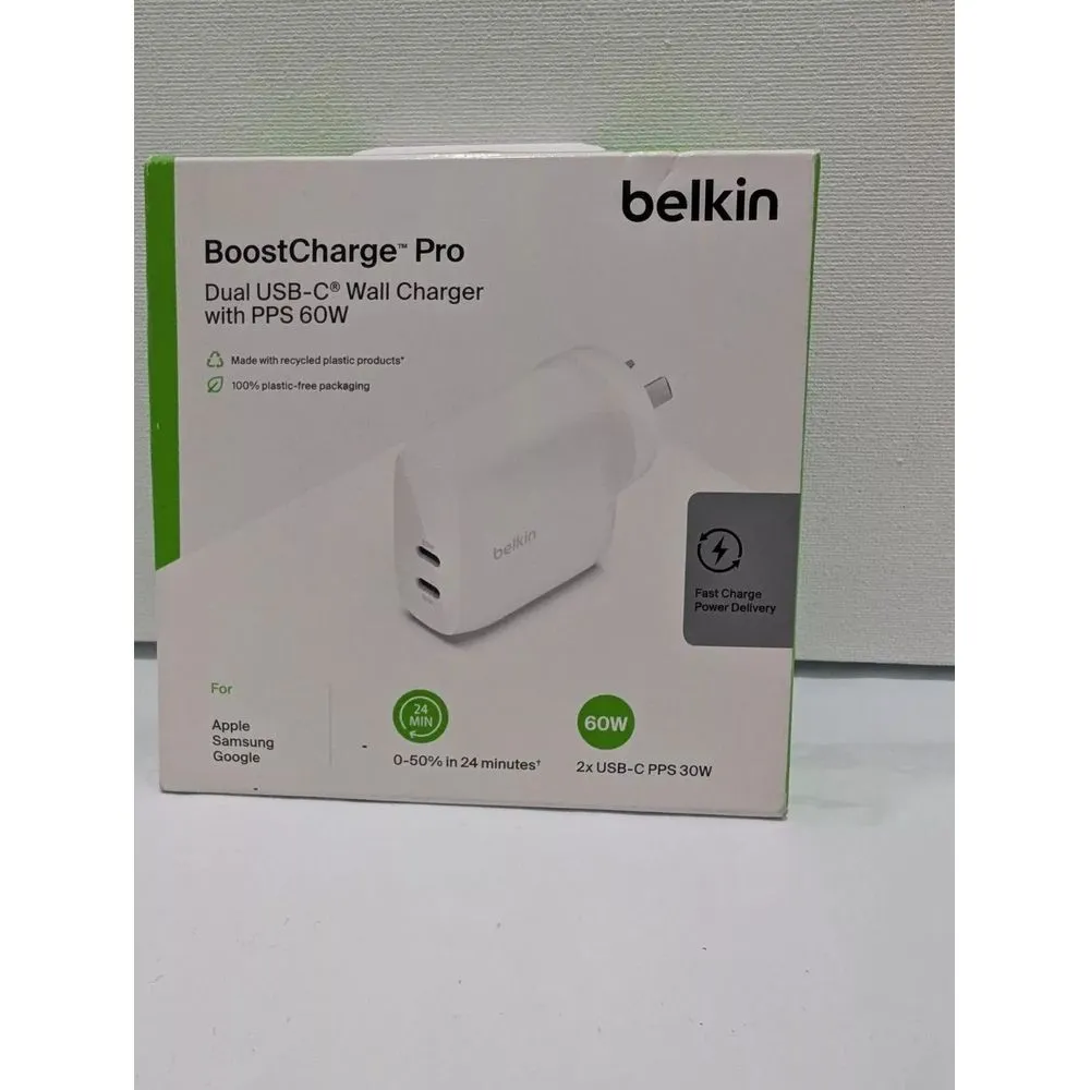 Belkin WCY011dqWH BoostCharge Dual USB-C Wall Charger w/PPS 60W, White