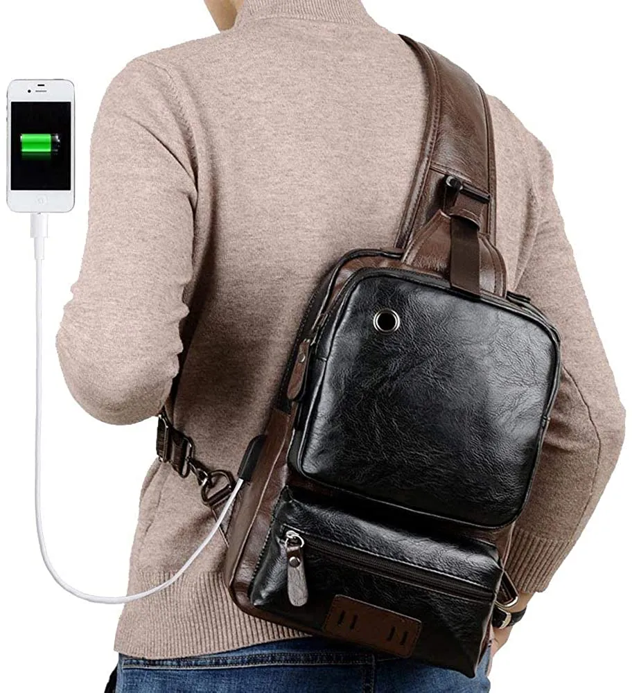 Black/Brown Vintage PU Leather USB Charger Crossbody Bag