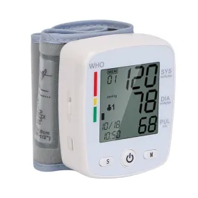 Blood Pressure Monitor Wrist Digital High Blood Pressure Cuff Heartbeat Tester w/ 90x2 Reading Memory 2In LCD Screen Storage Box - White