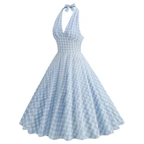 Blue Halter Plaid Swing Dress