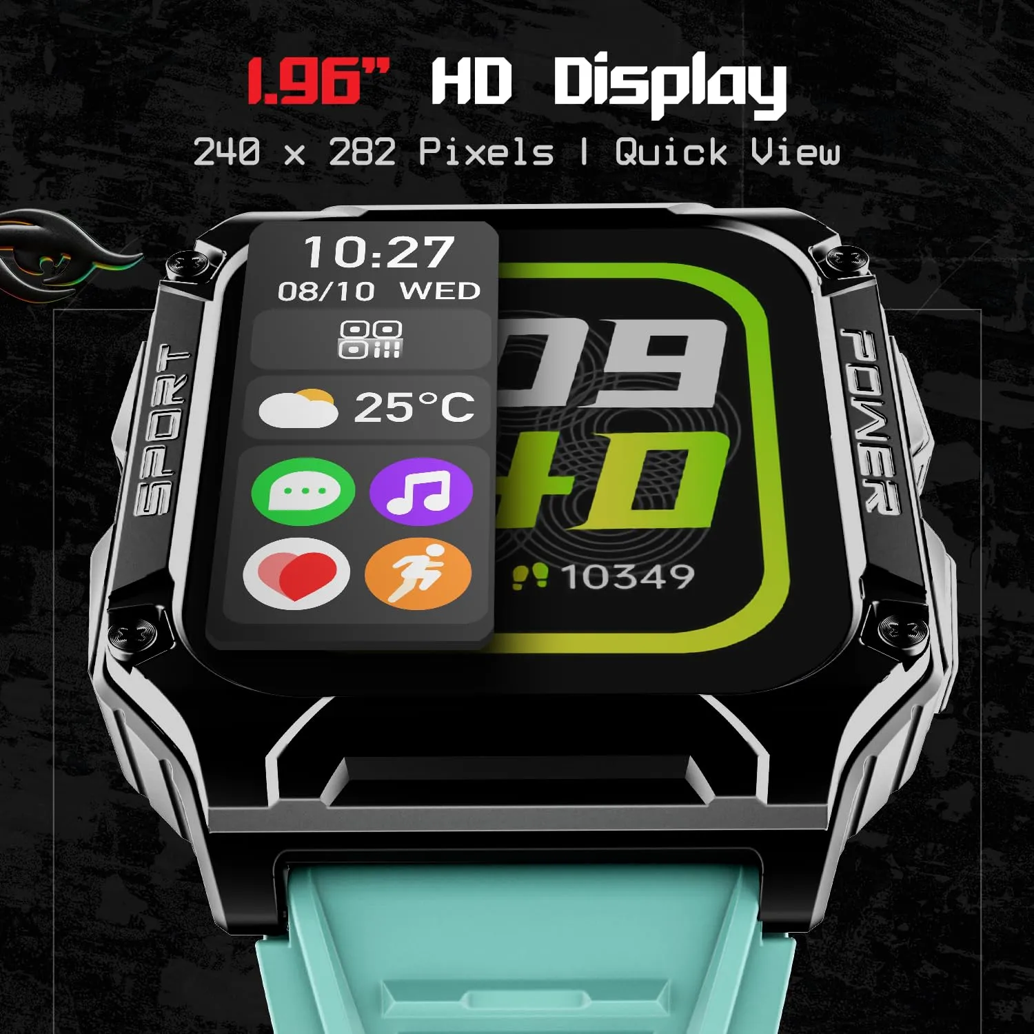 boAt Wave Armour 2 Smart Watch with 1.96" HD Display,BT Calling, Coins, Rugged Design,100 Watch Faces,Compass Feature,Big Box Speakers, HR&SPO2 and Stress Monitoring,IP68(Teal Green)