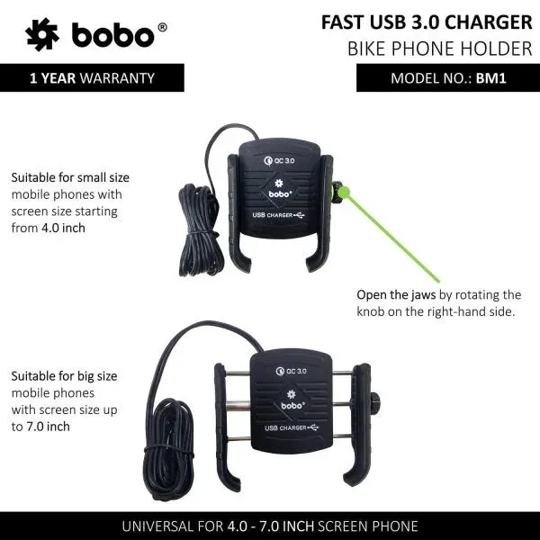 BOBO BM1 Jaw-Grip Bike Phone Holder (with fast USB 3.0 charger) Motorcycle Mobile Mount