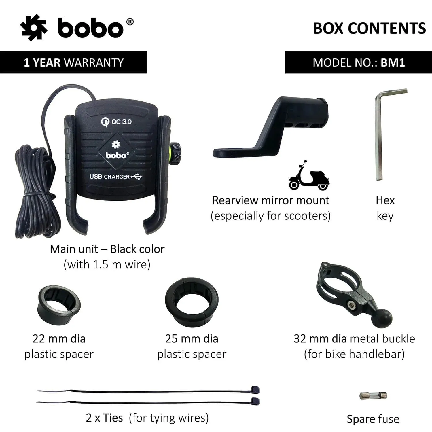 BOBO BM1 Jaw-Grip Bike Phone Holder (with fast USB 3.0 charger) Motorcycle Mobile Mount