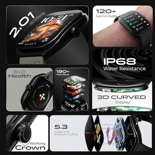 Boult Newly Launched Trail Smart Watch 2.01'' 3D Curved HD Display, Bluetooth Calling, Working Crown, 190 Watchfaces, 500 Nits Brightness, AI Voice Assistant, SpO2 Monitoring, 120  Sports Mode (Metal Blue)