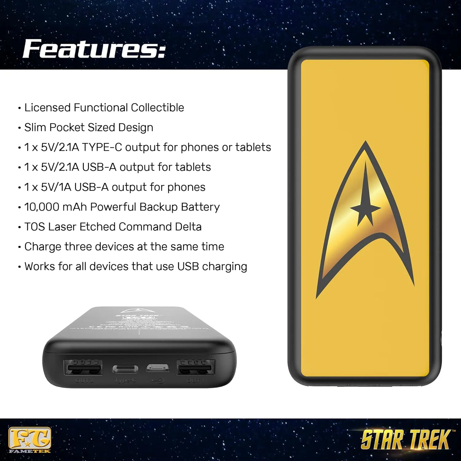 BUNDLE - Star Trek: TOS - Mr. Spock 6” Talking Bluetooth Figure Speaker with TOS Command Delta design 10,000 mAh Powerbank