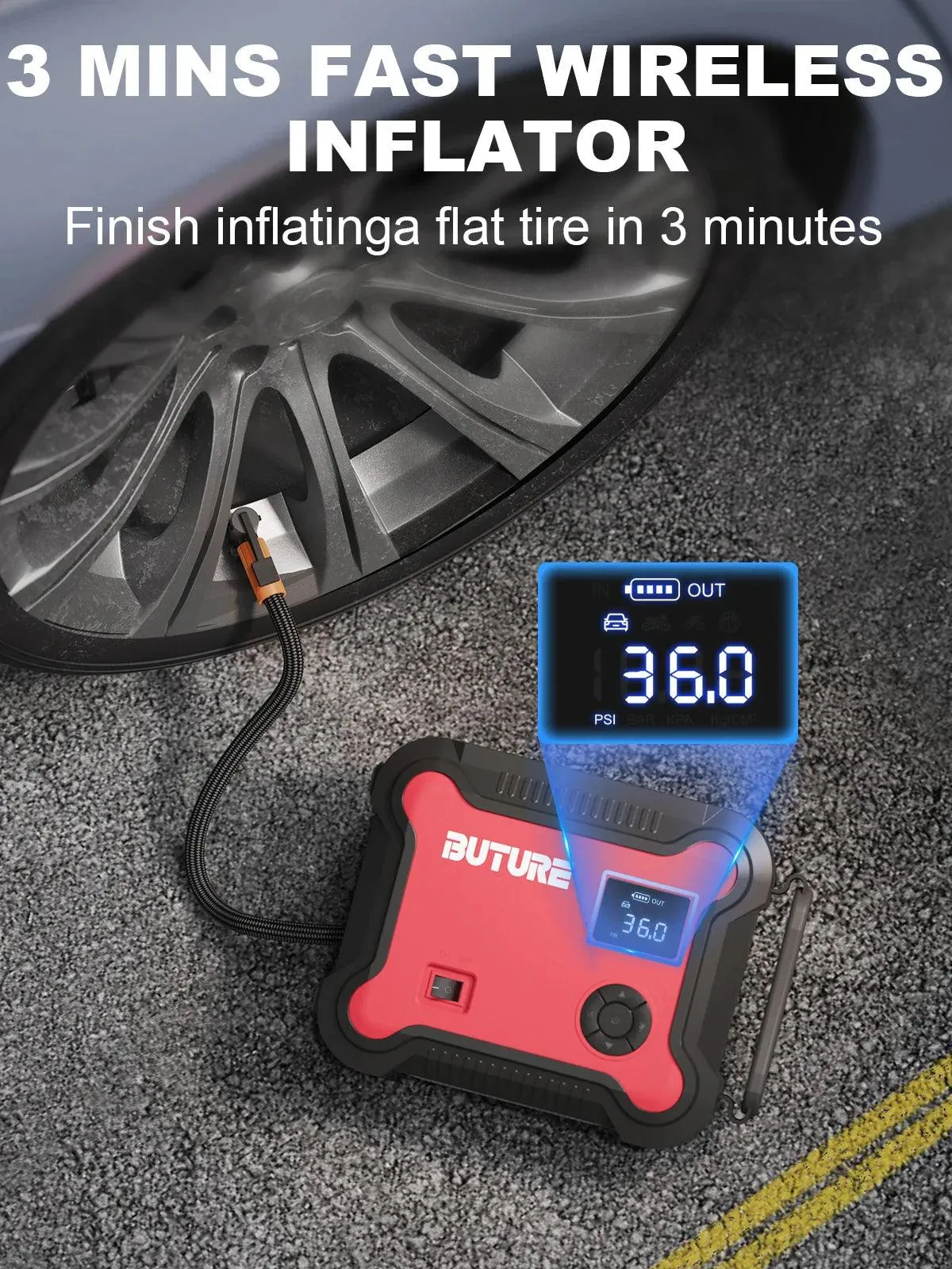 Buture All-in-One Car Jump Starter, Tire Inflator & Power Bank with 26800mAh Capacity